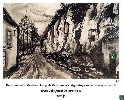 De rotswand in Geulhem langs de Geul, v��r de afgraving van de rotswand en de rotswoningen in de jaren 1930